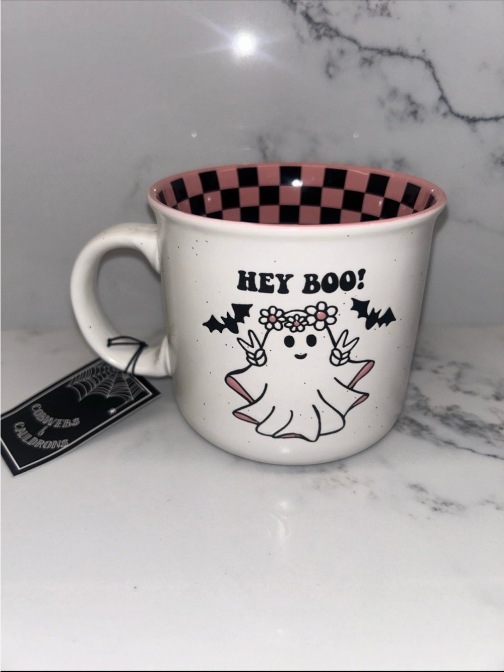 ‘Hey Boo!' Halloween Checkered Ghost & Bat Ceramic Mug